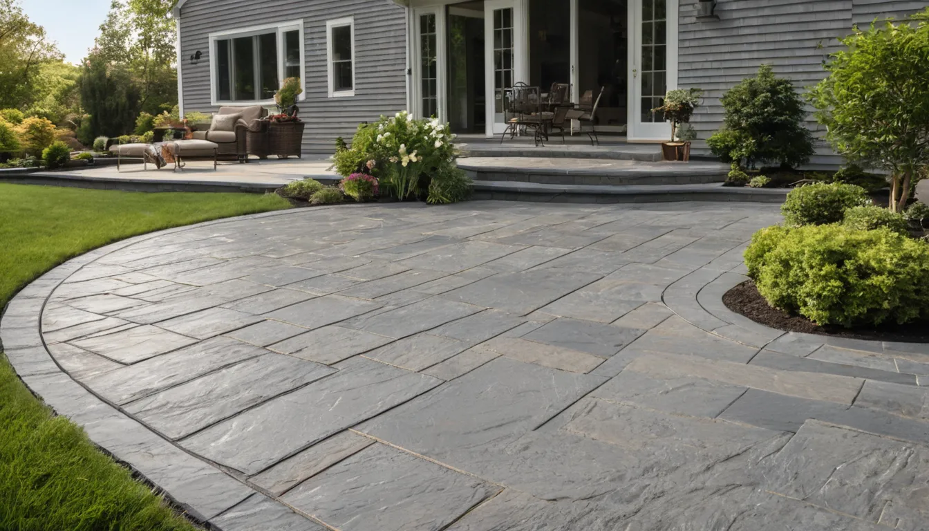 Finished stamped concrete patio with a stone pattern behind a home in the Fawn Grove area
